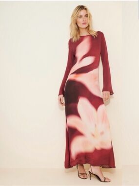 Floral-Print Burgundy Maxi Dress with Long Sleeves